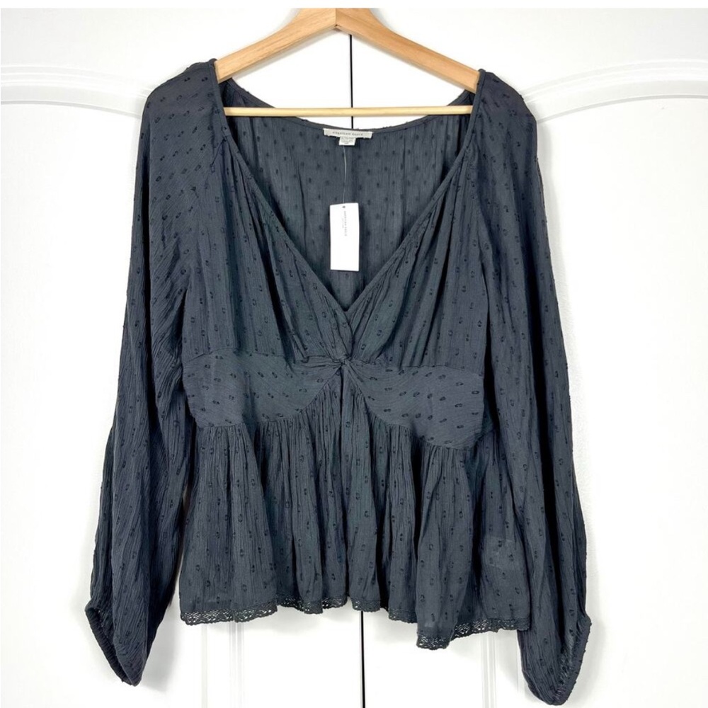 American Eagle Women's Long Sleeve Babydoll Boho Blouse  Dark Gray Size XL NWT